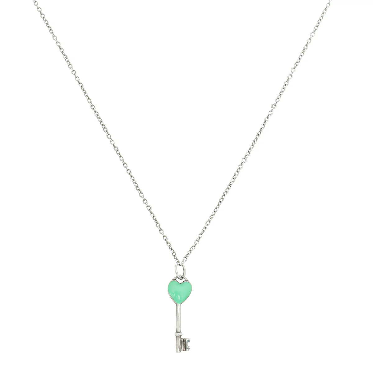 Tiffany & Co Blue Enamel Heart Key Pendant Necklace