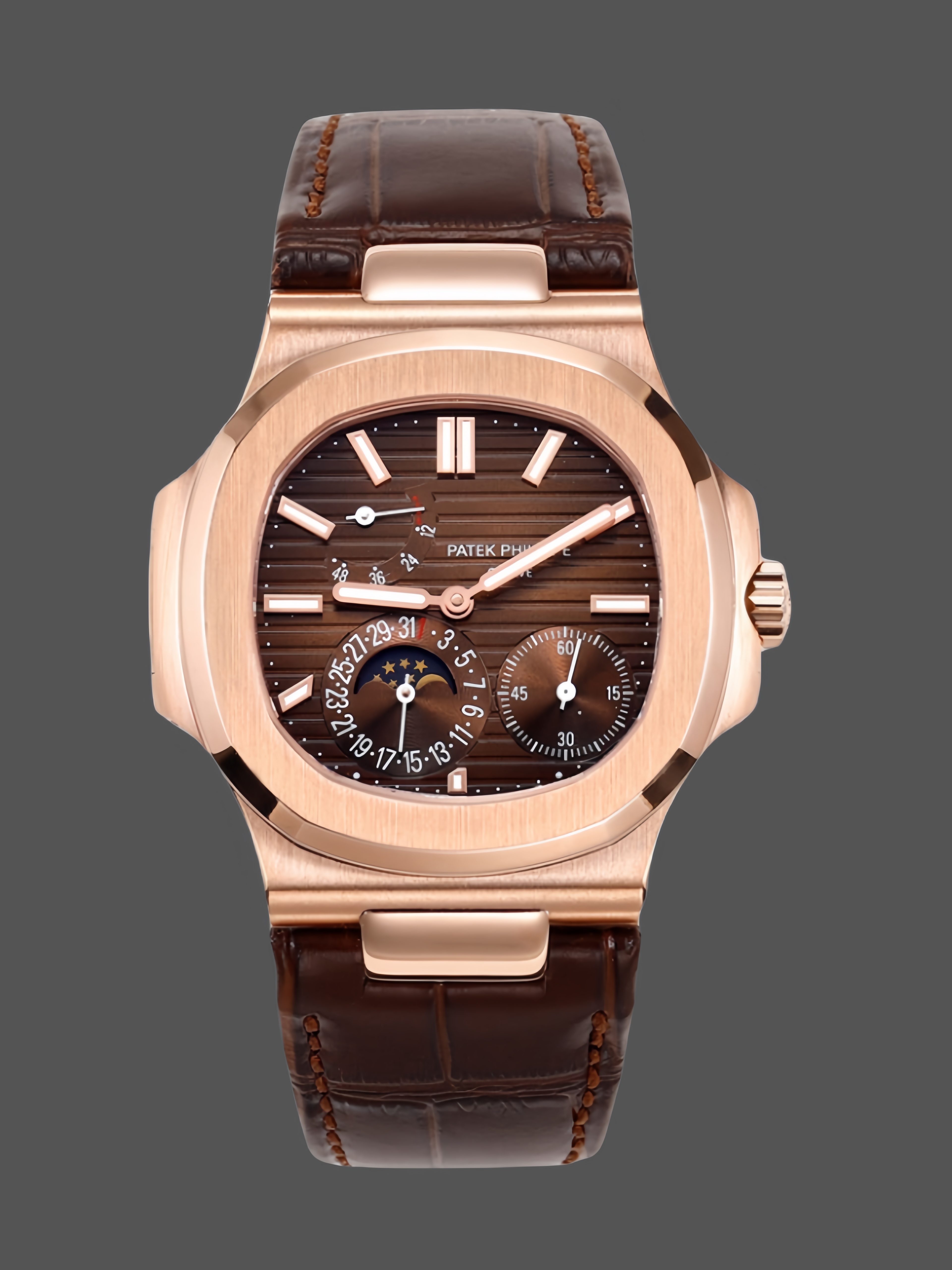 Patek Philippe Nautilus Moon Phases Rose & White Gold Slate Brown Dial 5712GR 001