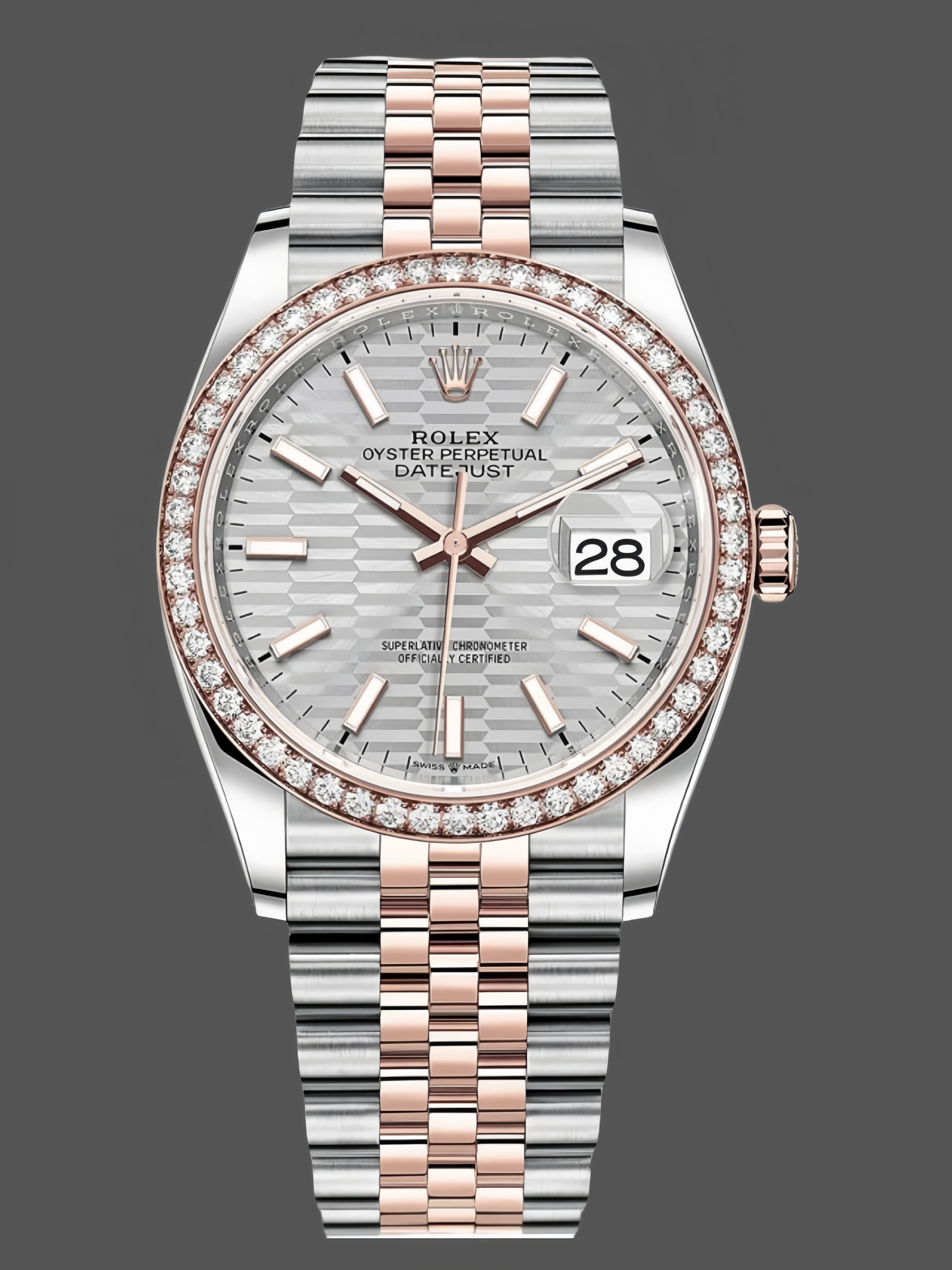 Rolex Datejust 36 Steel & Everose Gold Silver Fluted-Motif Dial Diamond Bezel M126281RBR 0021 Women's Watch