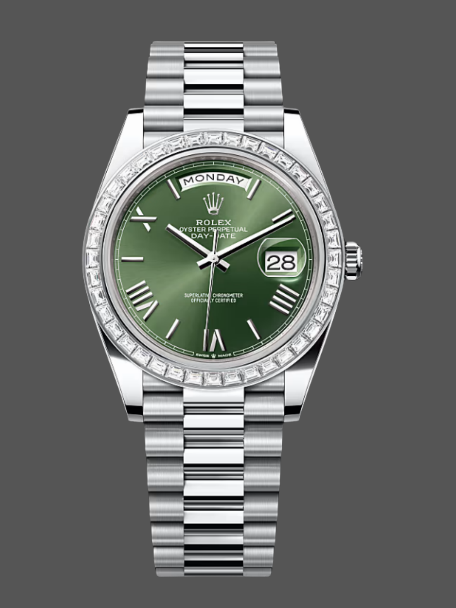 Rolex Day Date 40 Platinum Olive Green Dial Diamond Bezel M228396TBR 0020 Replica Watch