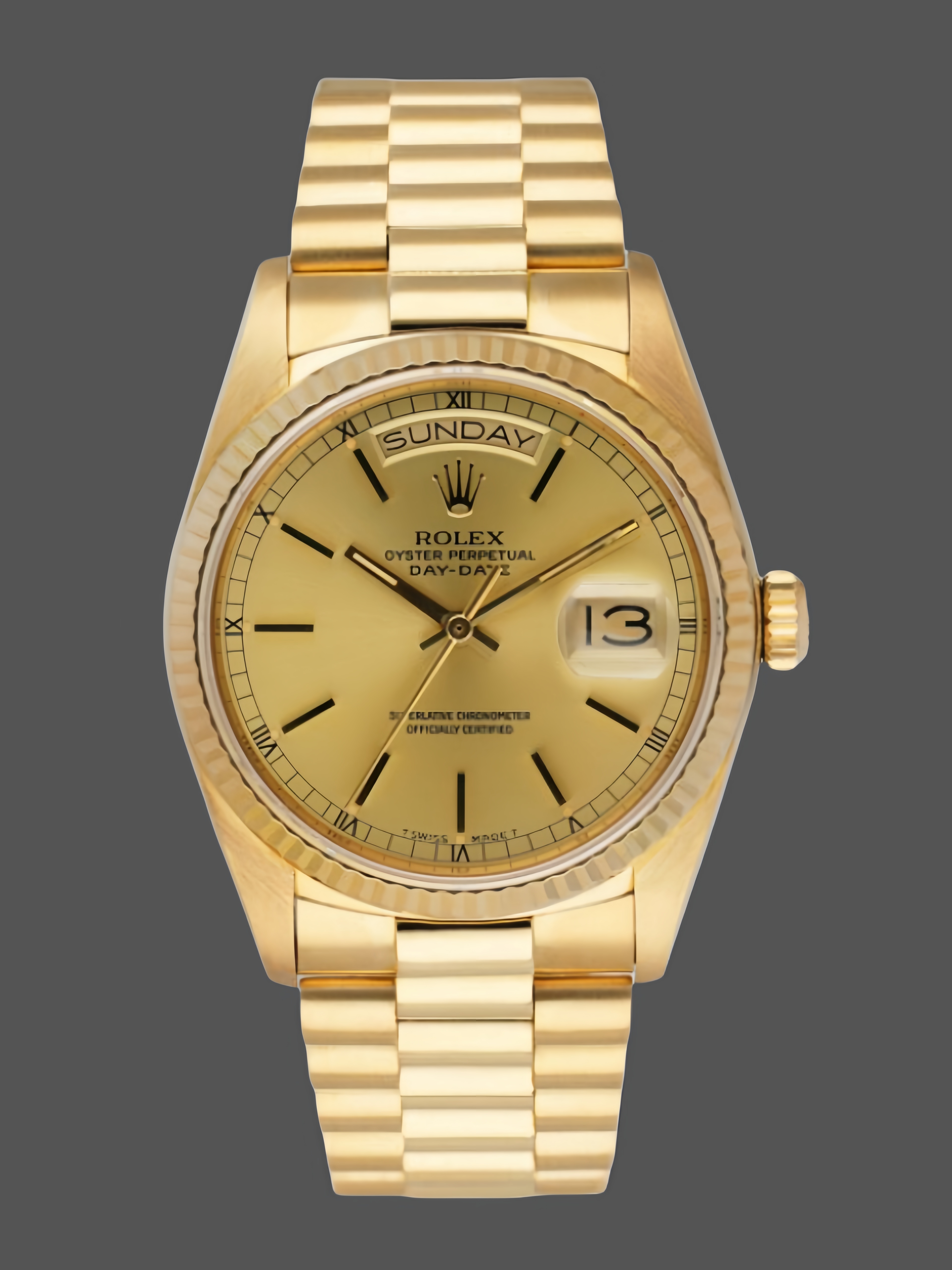 Rolex Day-Date 118208 champagne dial with gold indexes Yellow Gold 36mm Unisex Replica Watch