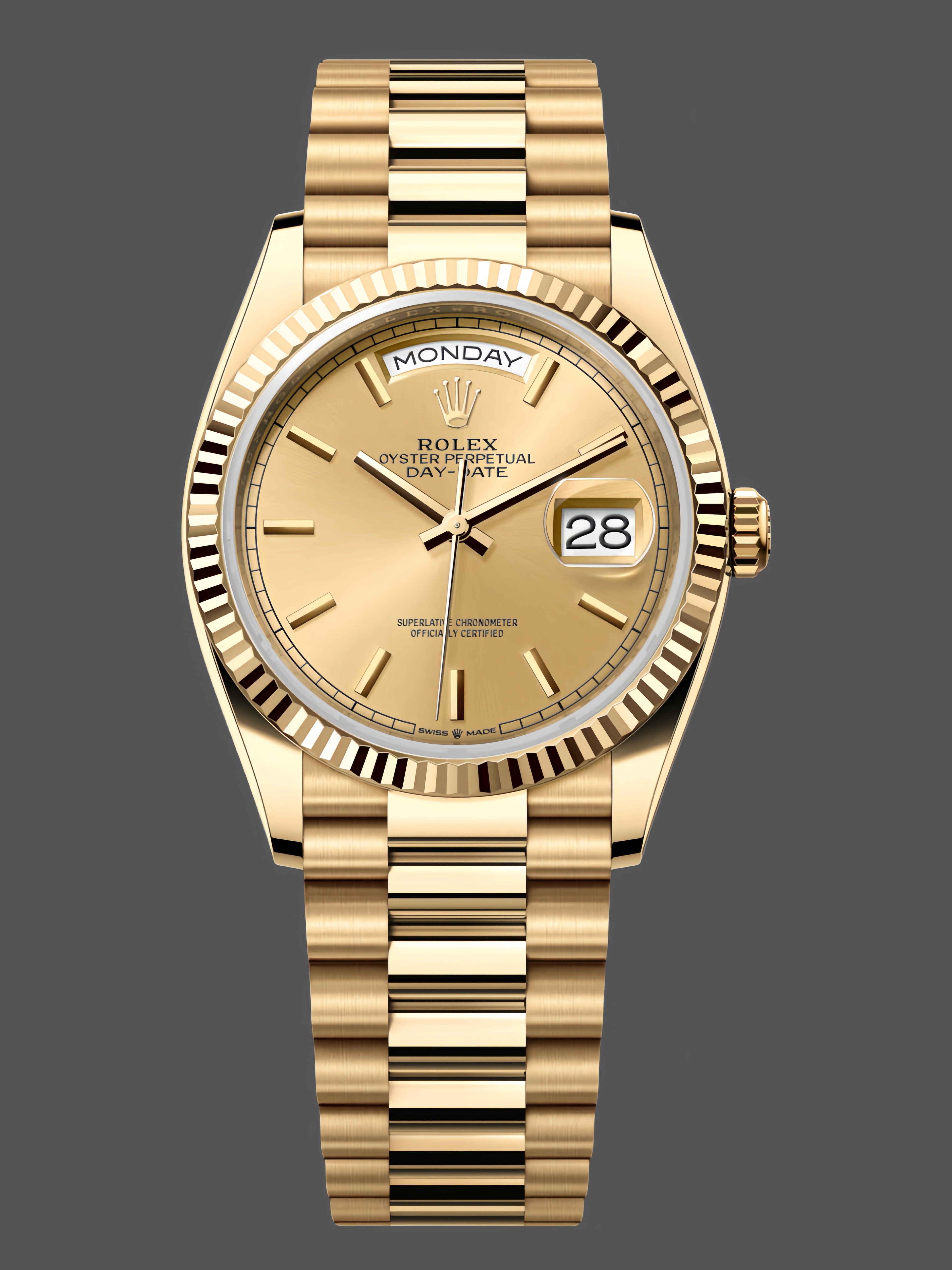 Rolex Day-Date 128238 Fluted Bezel Champagne Index Dial 36MM Unisex Replica Watch