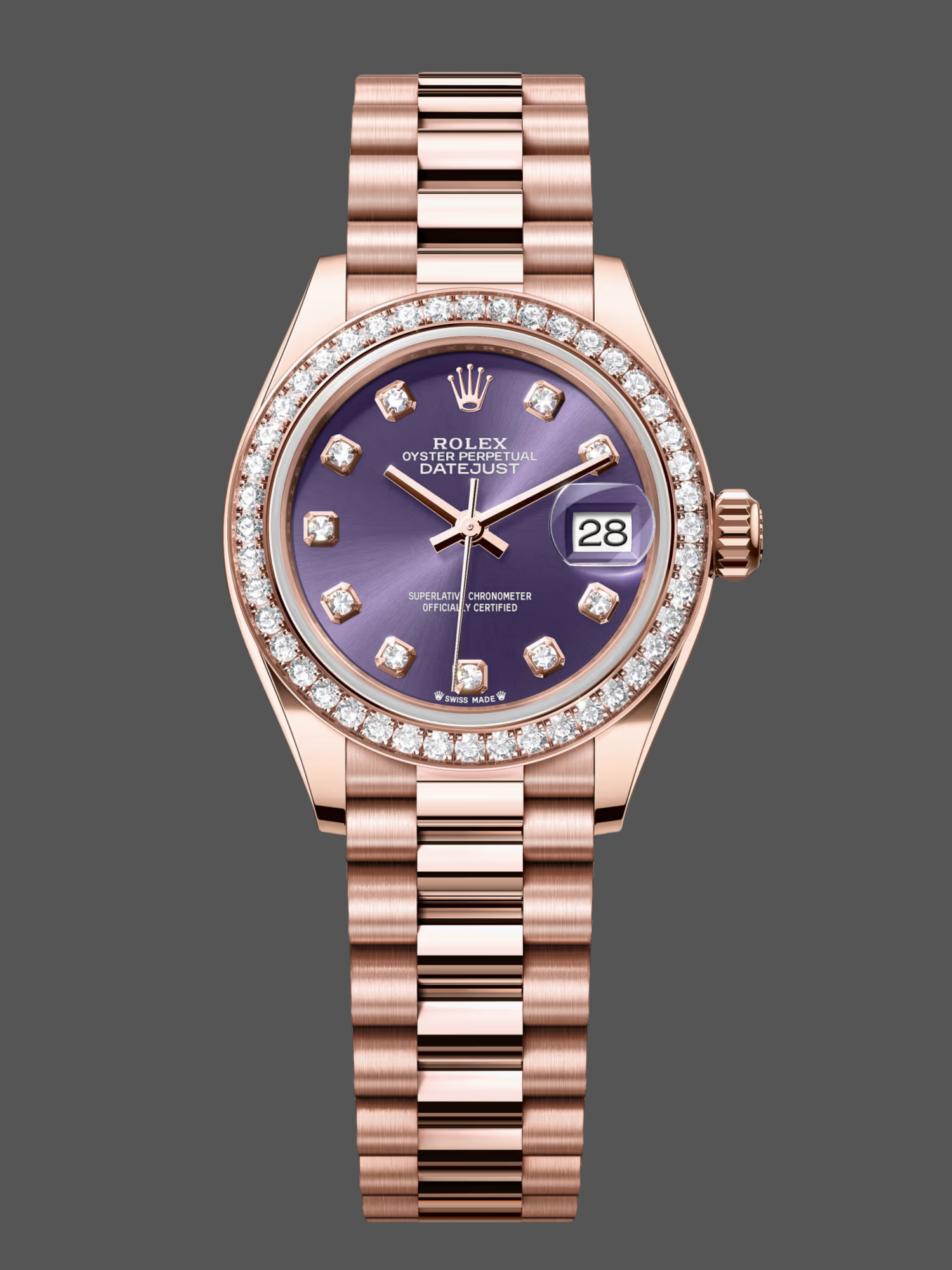 Rolex Datejust 28mm Everose Gold m279135rbr 0020 Aubergine Diamond President Women's Watch