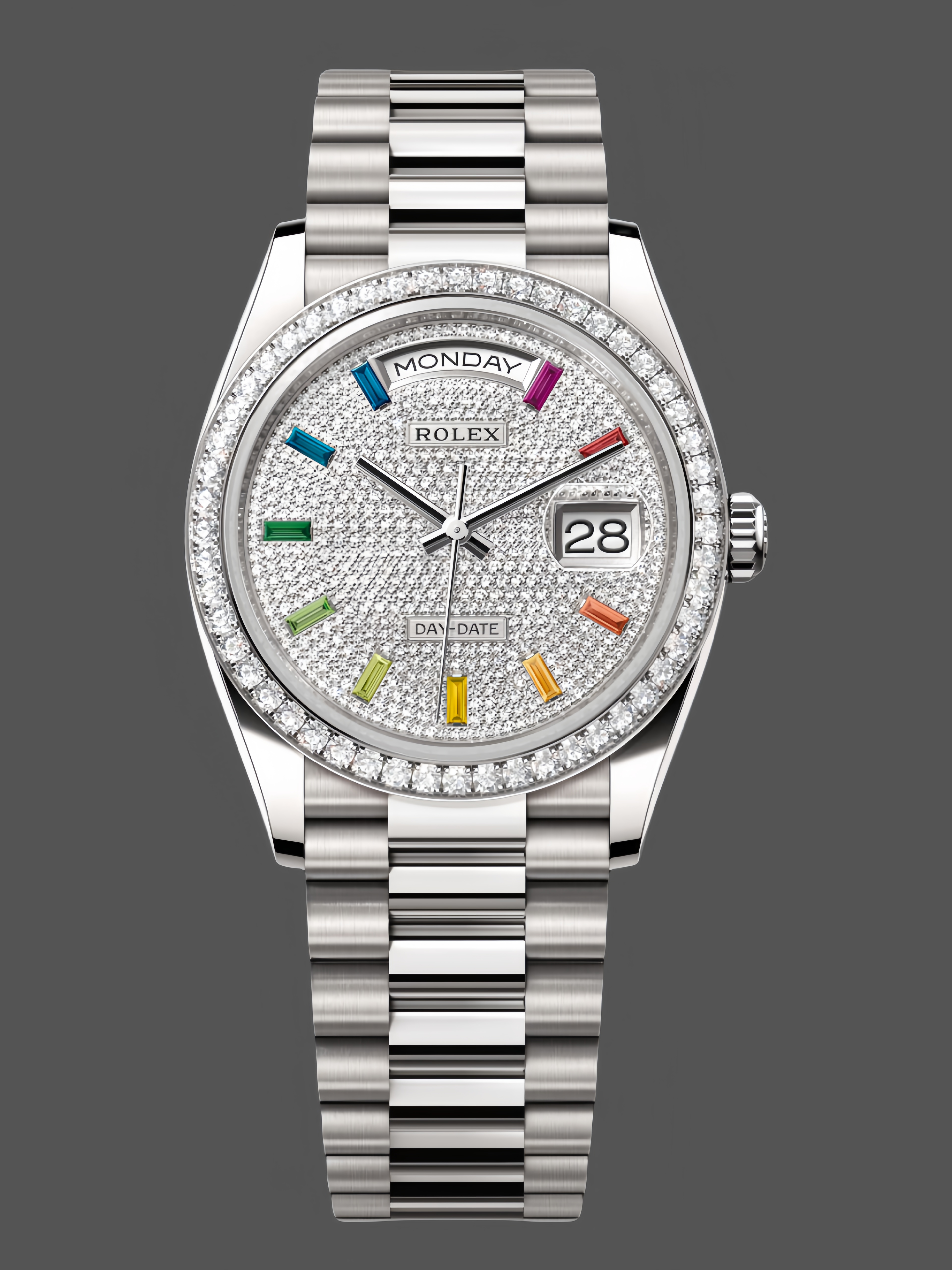 Rolex Day Date 36mm White Gold 128349RBR 0006 Pave Rainbow