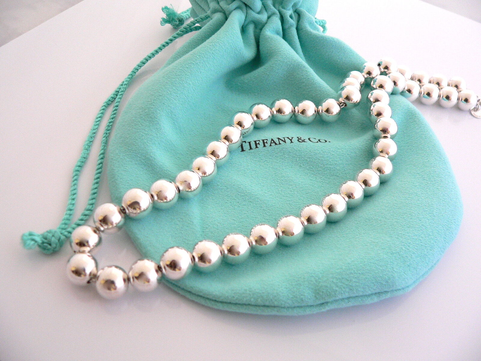 Tiffany & Co Silver 10 mm Ball Bead Necklace 18.4 Inch Chain Gift Pouch Love