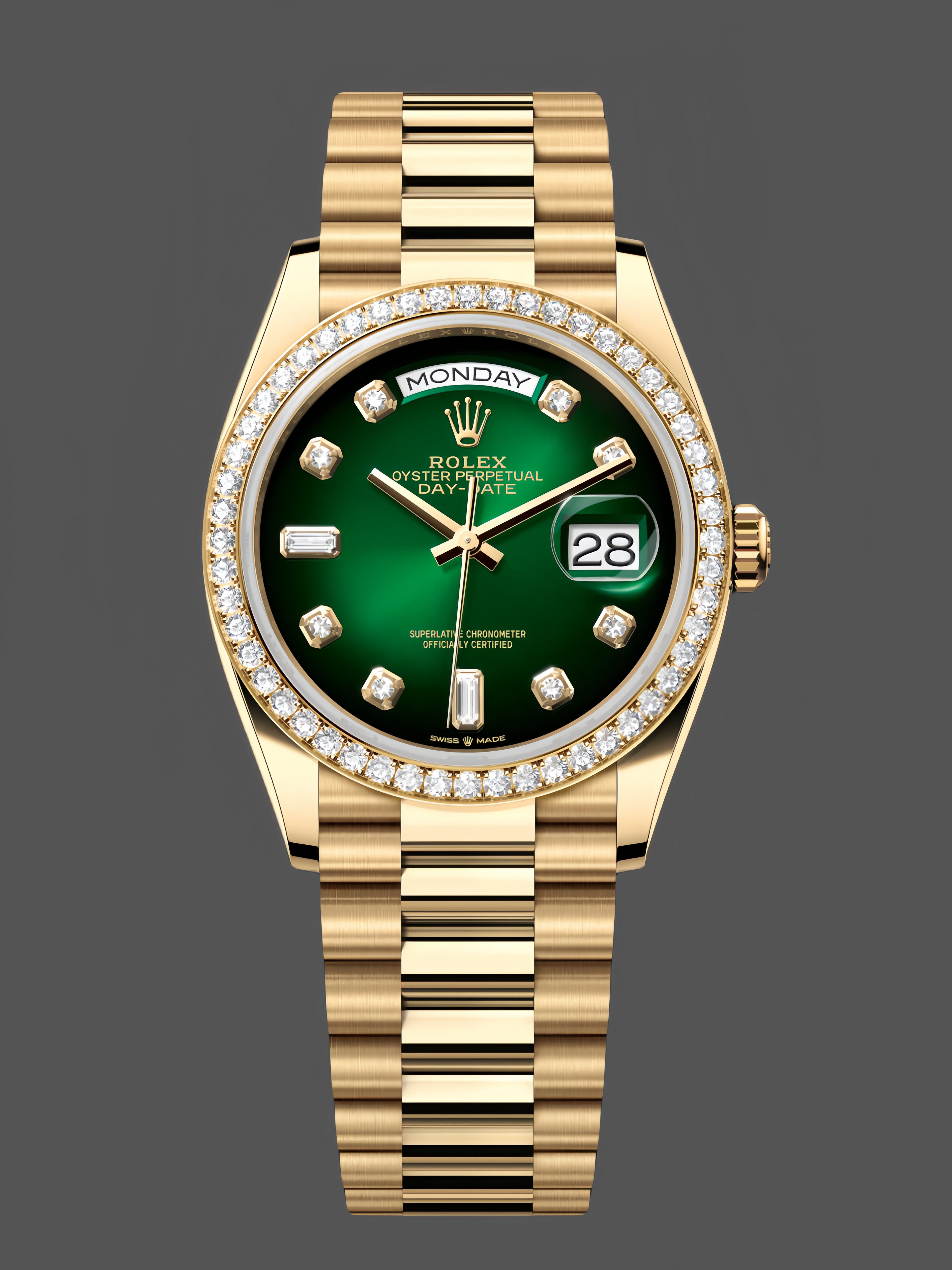Rolex Day-Date 128348RBR Green Ombre Diamond Dial Yellow Gold 36MM Unisex Replica Watch