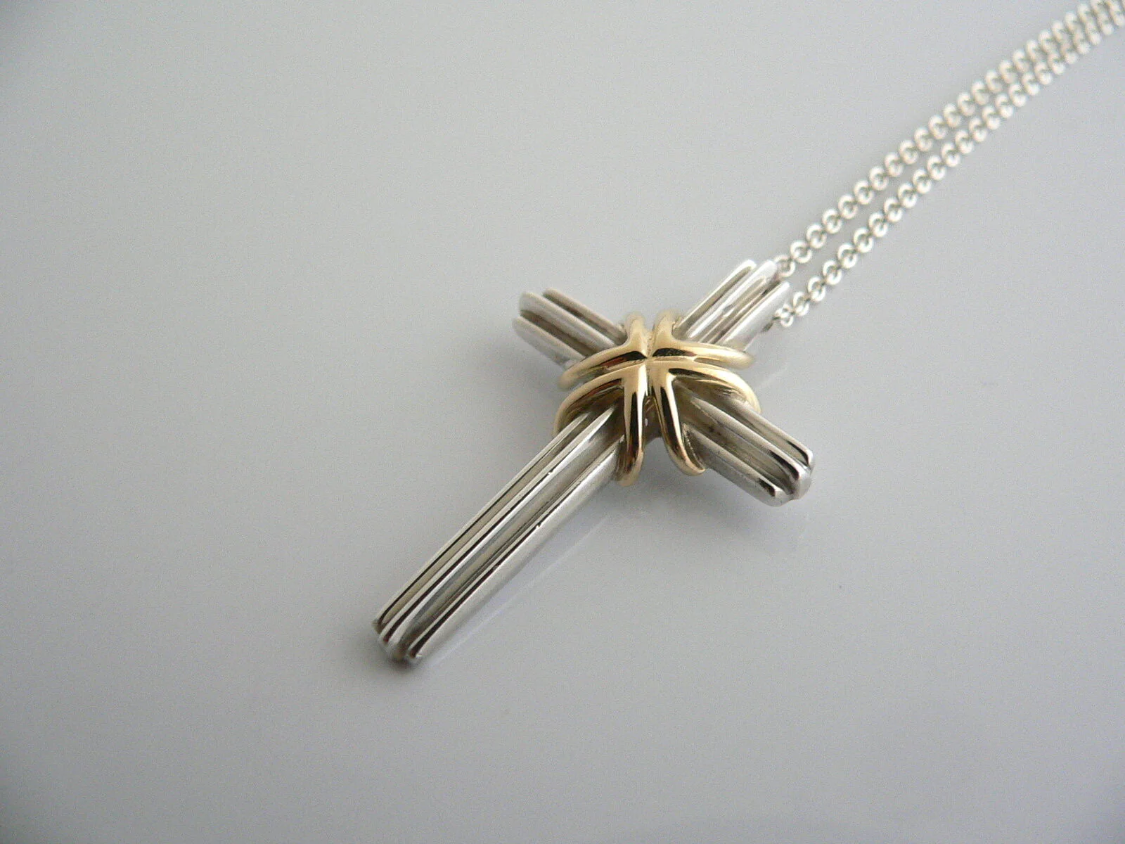 Tiffany & Co Silver 18K Gold Cross Necklace Pendant Charm 18 In Chain Gift Love