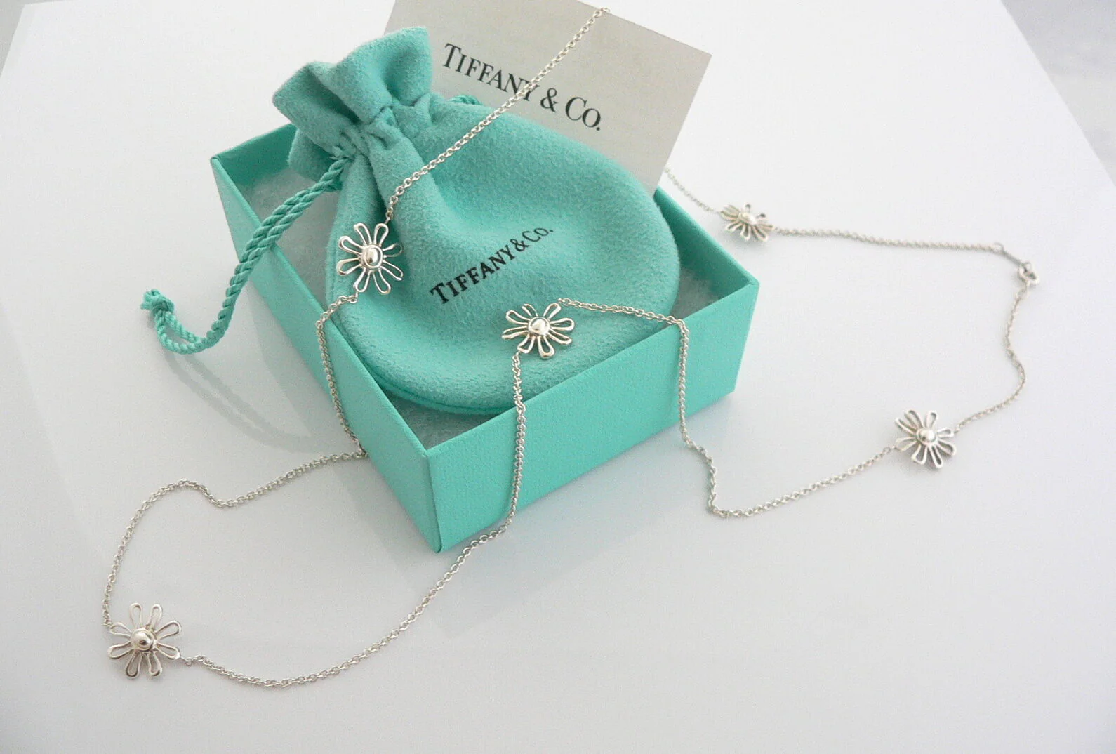 Tiffany & Co Daisy 5 Flower Necklace Garden Pendant Charm Love Gift Pouch Art