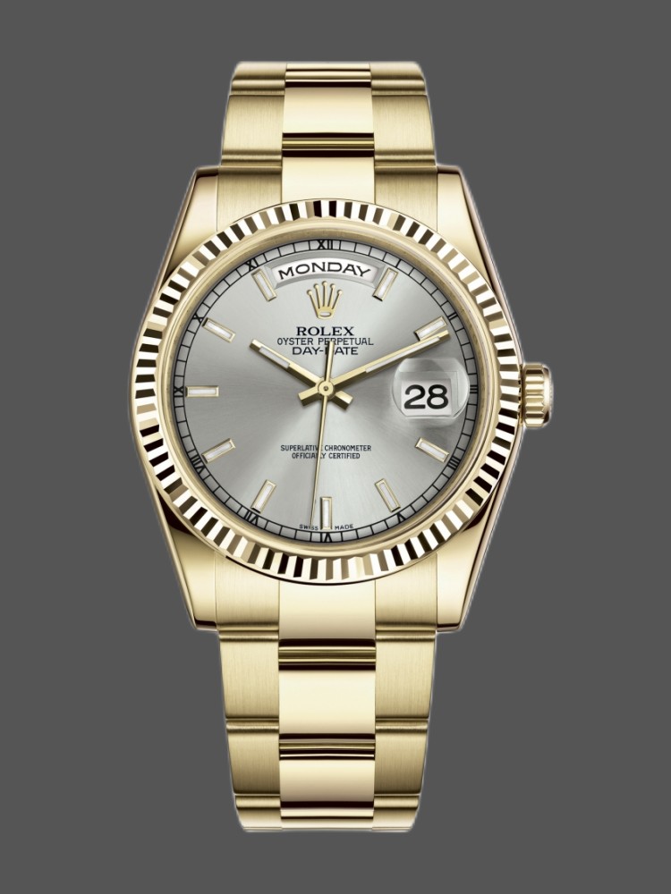 Rolex Day-Date 118238 Yellow Gold Silver dial Fluted Bezel 36mm Unisex Replica Watch