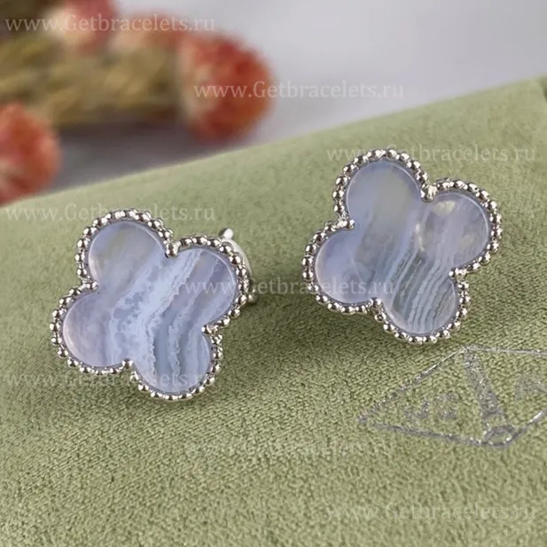 Replica Van Cleef Arpels Vintage Alhambra Earrings White Gold Chalcedony
