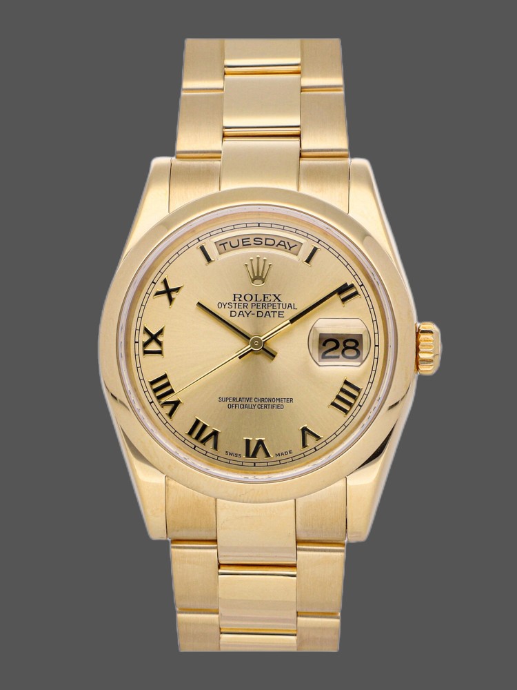 Rolex Day-Date 118208 Yellow Gold Champagne Dial Roman Numerals 36mm Unisex Replica Watch