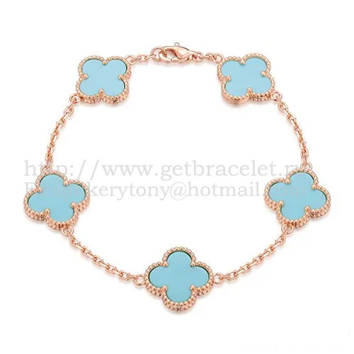 Van Cleef & Arpels Vintage Alhambra Bracelet 5 Motifs Pink Gold With Turquoise Mother Of Pearl