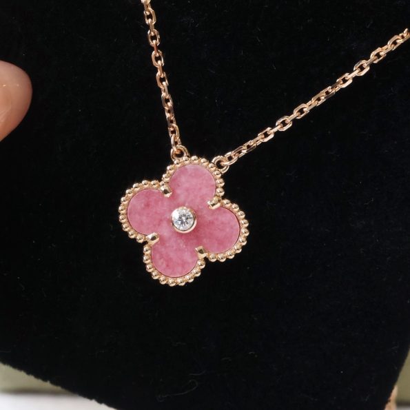 Van Cleef Necklace Dupe, Pink Clover Leaf Necklace, One Diamond, Rose Gold Chain