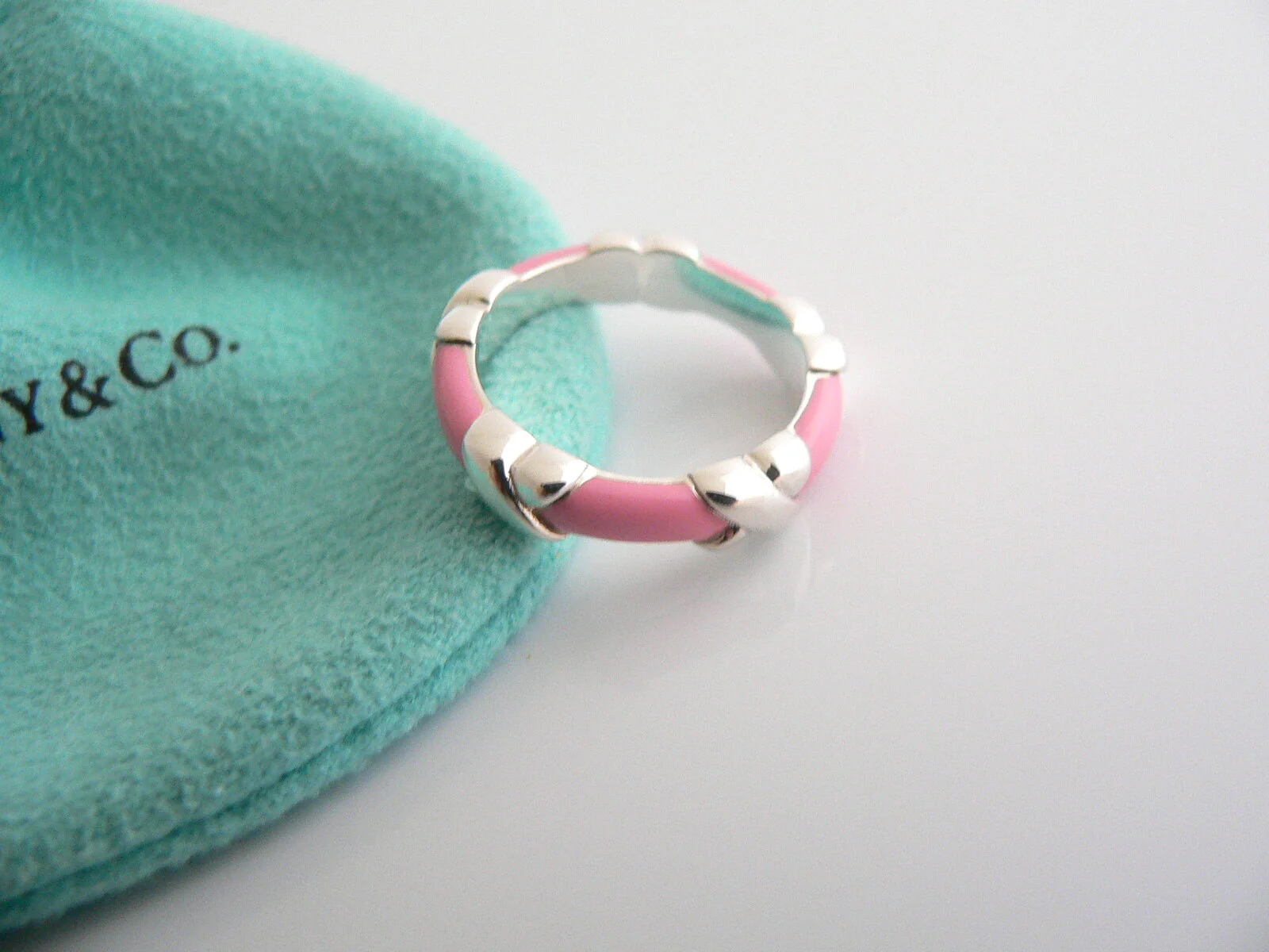 Tiffany & Co Silver Pink Enamel Signature X Stacking Ring Band Sz 6.25 Gift Love