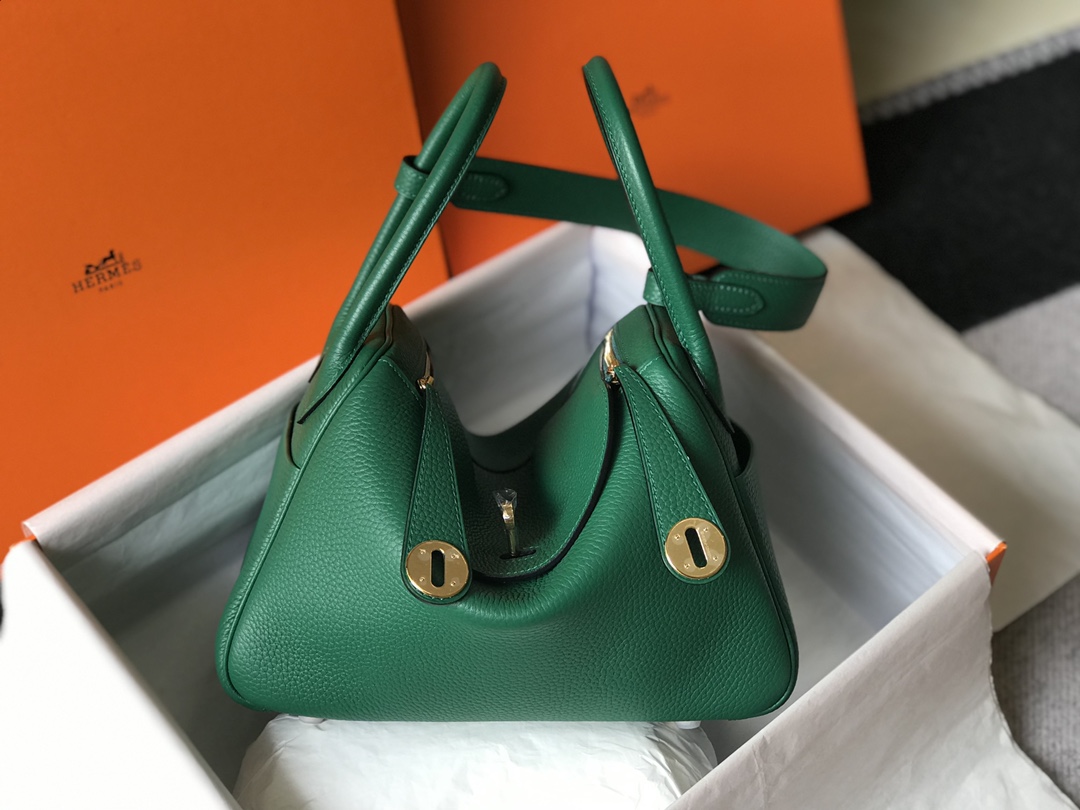 Original Copy Hermes Lindy Handbag Calfskin Grass Green with Gold and Sliver Hardware