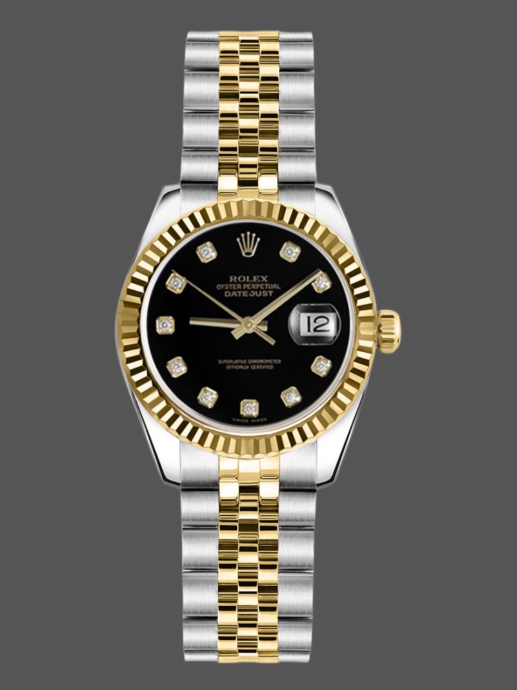 Rolex Datejust 179173 Black Diamond Dial Fluted Bezel 26MM Lady Replica Watch