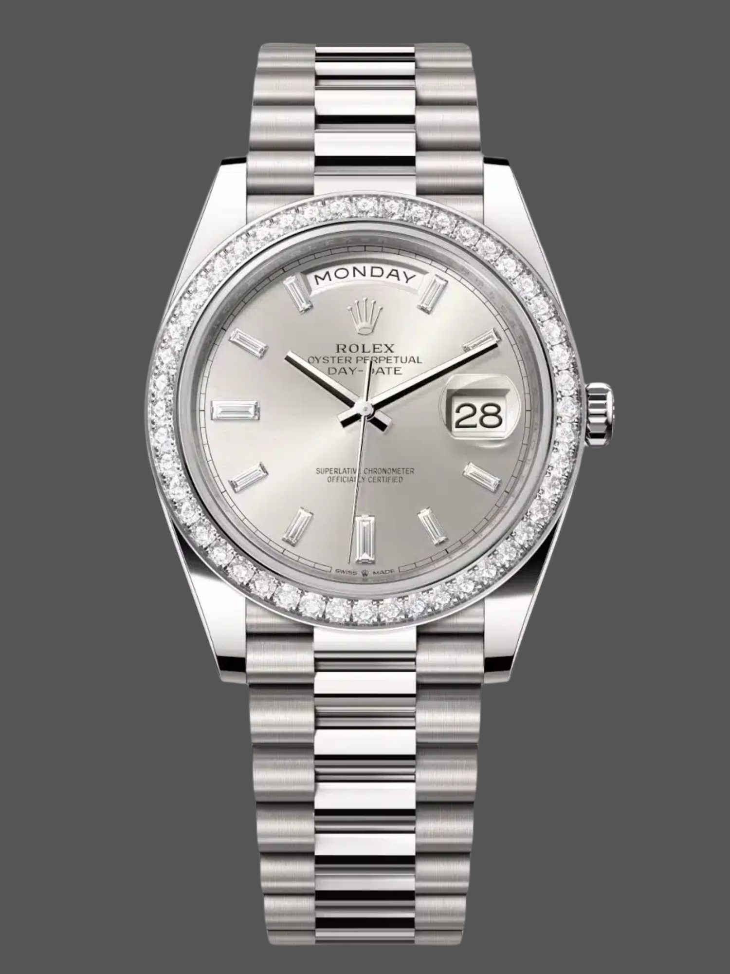 Rolex Day-Date 228349RBR Silver Dial Diamond Bezel 40mm Mens Replica Watch