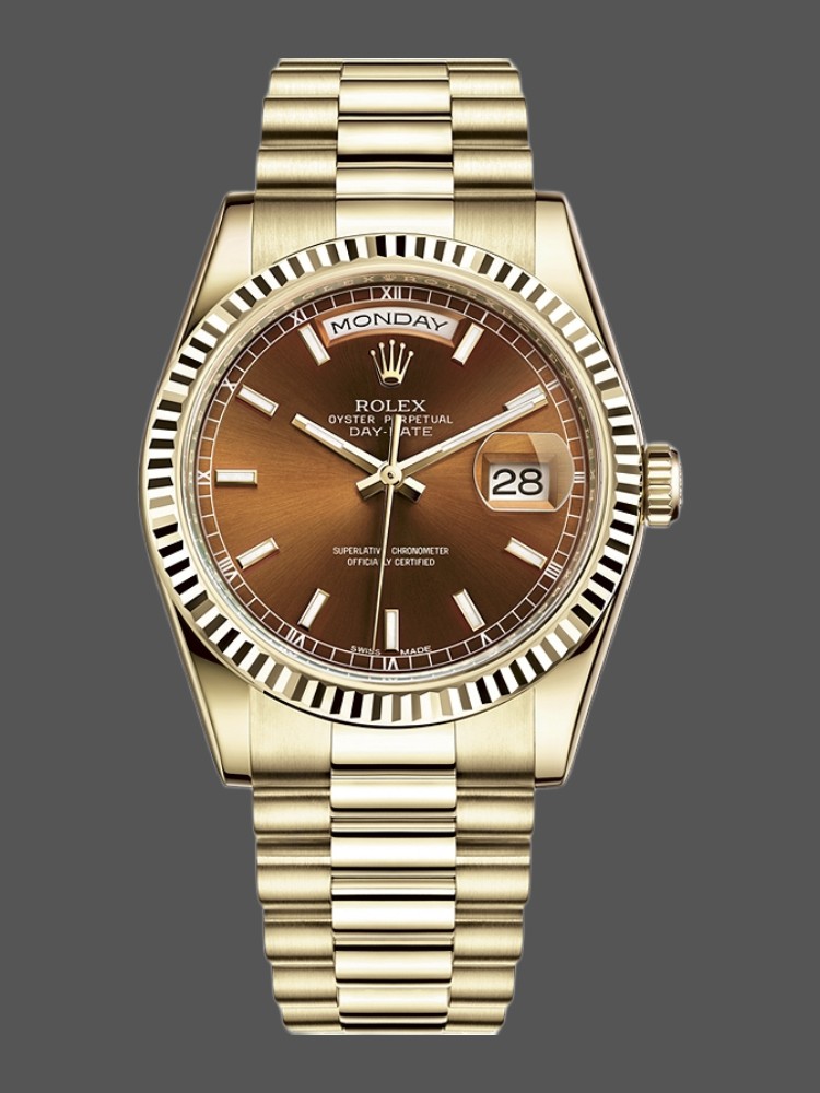 Rolex Day-Date 118238 Yellow Gold Index Cognac Dial 36mm Unisex Replica Watch