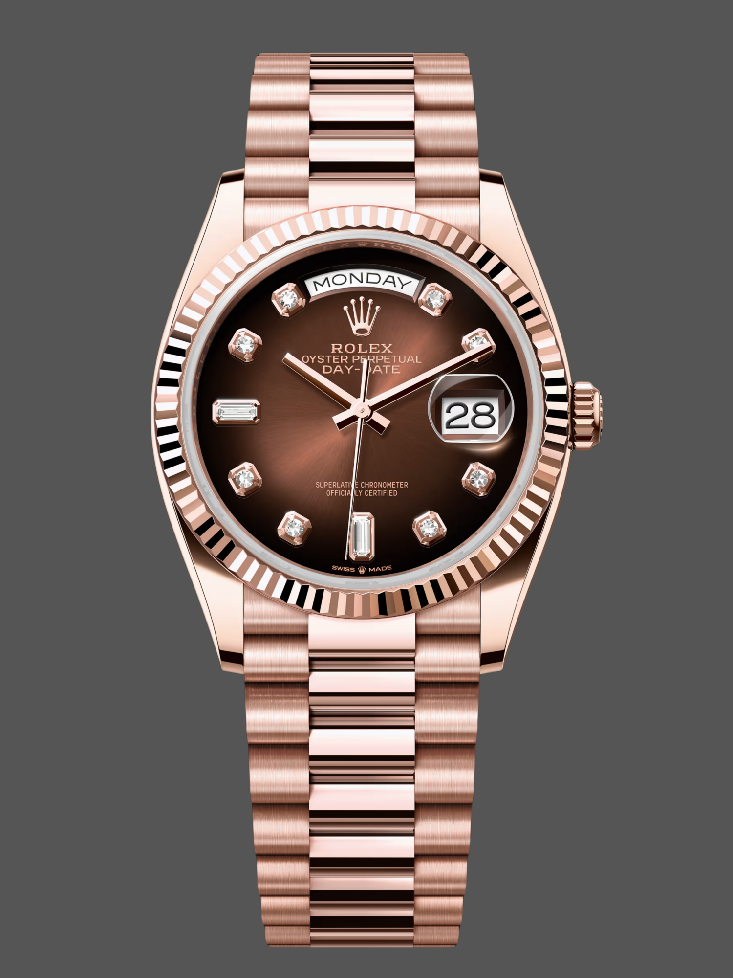 Rolex Day-Date 128235 Everose Gold Brown Ombre Diamond Dial 36MM Unisex Replica Watch