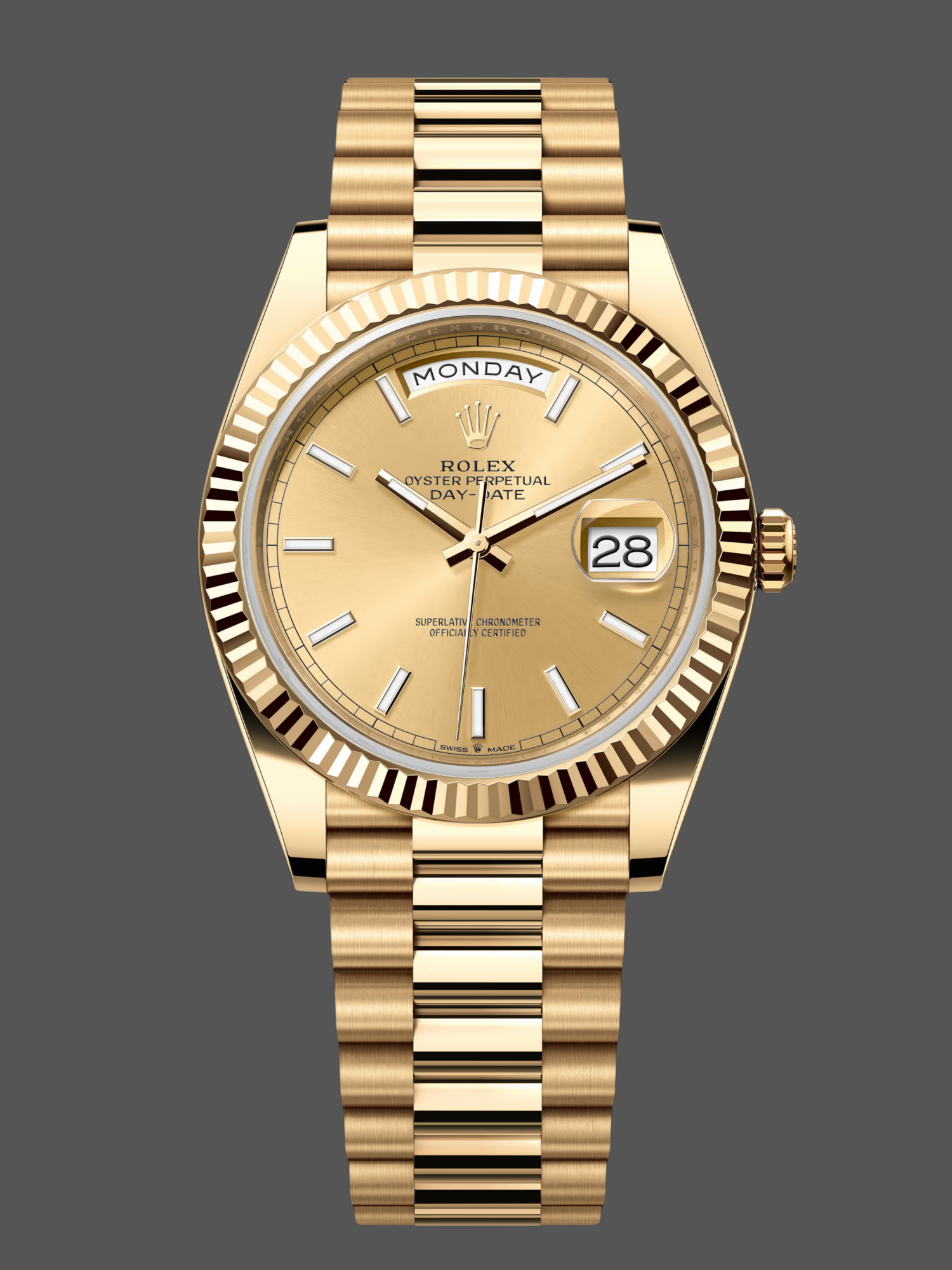 Rolex Day-Date 228238 Champagne Diamond Dial Fluted Bezel 40mm Mens Replica Watch