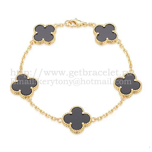 Van Cleef & Arpels Vintage Alhambra Bracelet 5 Motifs Yellow Gold With Black Agate Mother Of Pearl