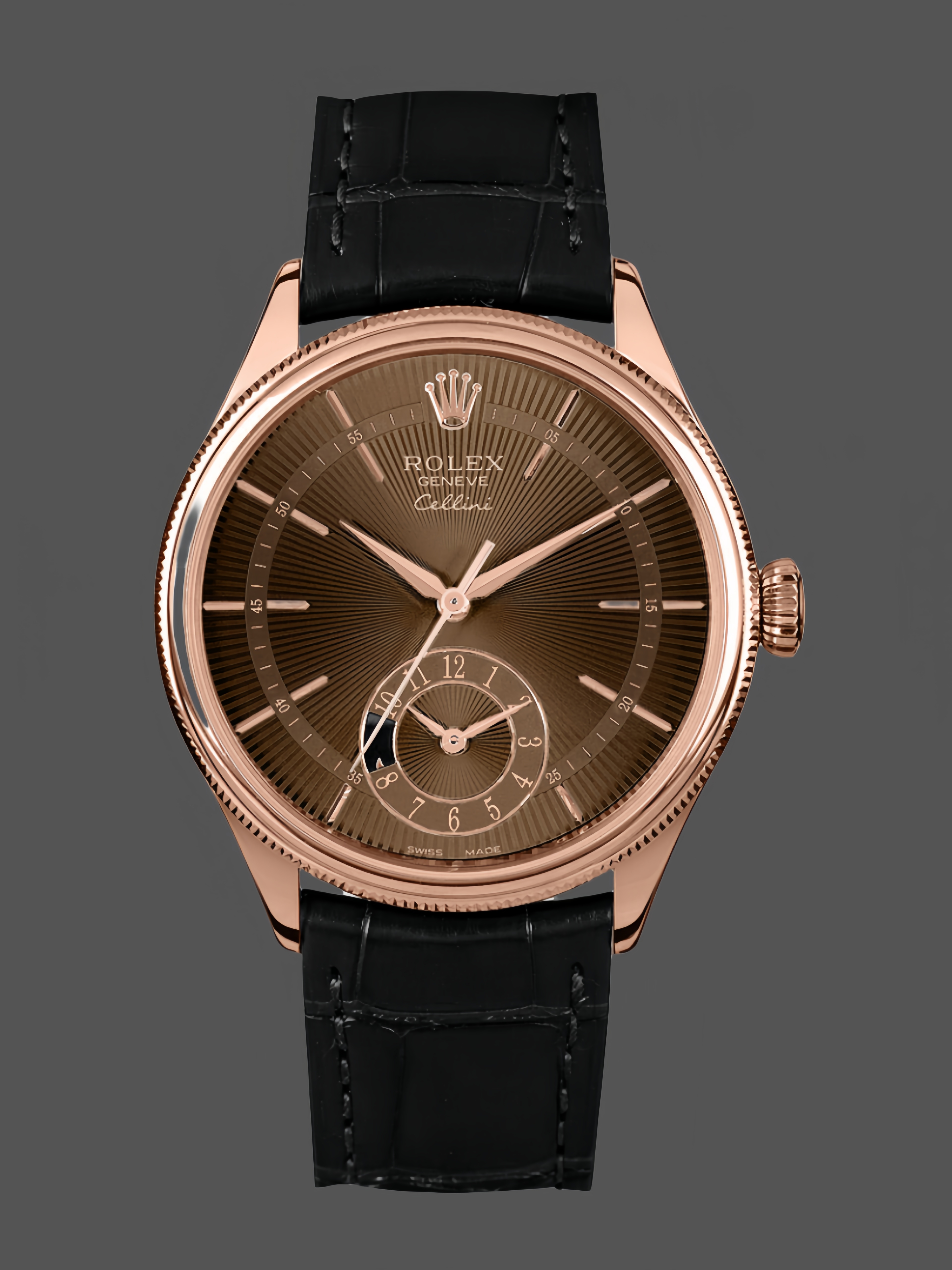 Rolex Cellini Dual Time 50525 Brown Guilloche Dial Black Leather Strap 39mm Mens Replica Watch
