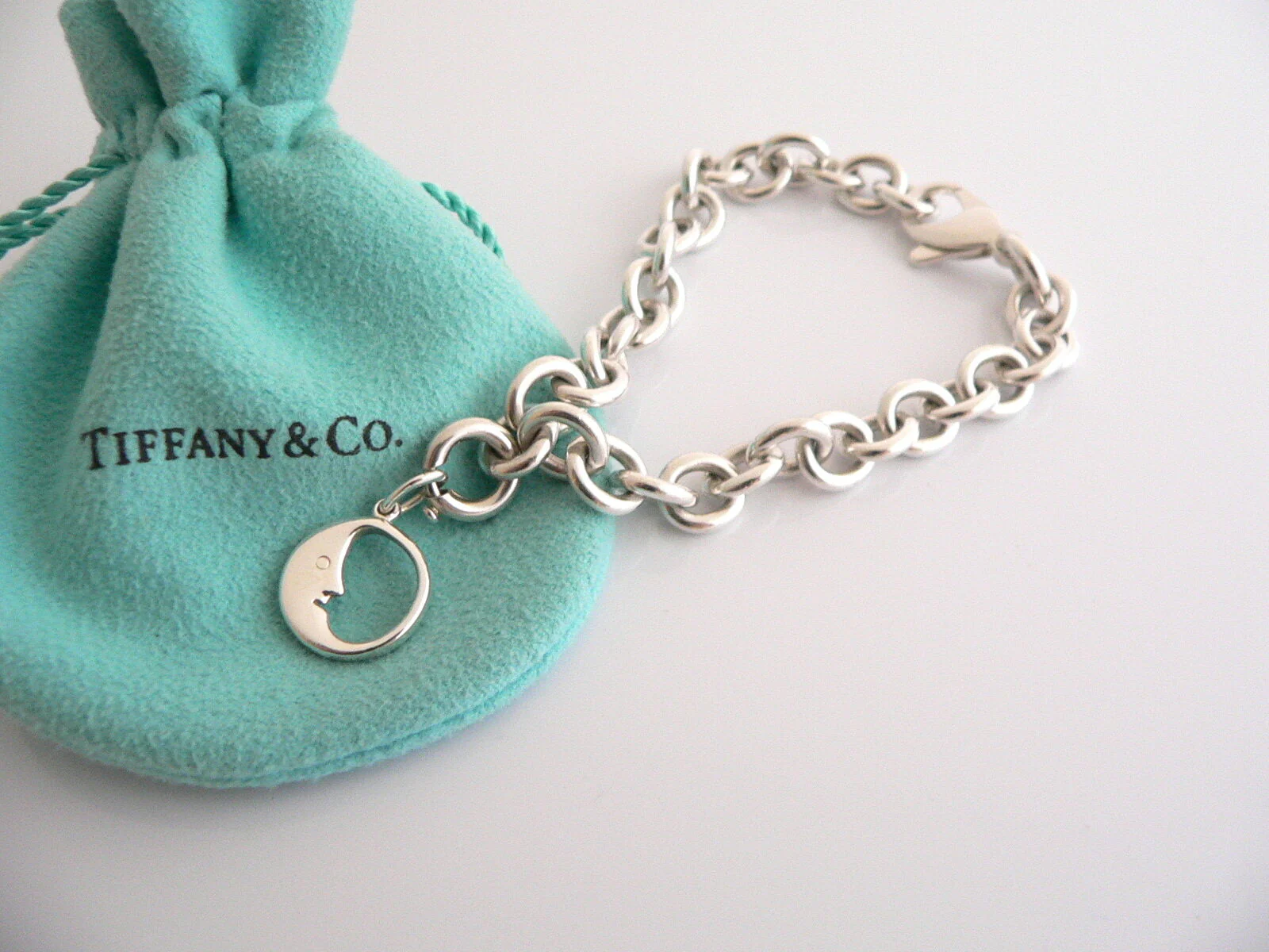 Tiffany & Co Silver Moon Bracelet Bangle Charm Pendant Chain Gift Pouch Love