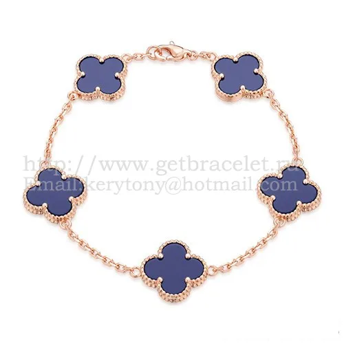 Van Cleef & Arpels Vintage Alhambra Bracelet 5 Motifs Pink Gold With Lapis Mother Of Pearl