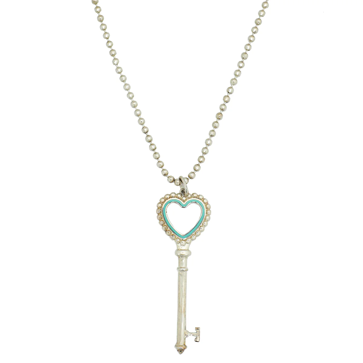 Tiffany & Co Sterling Silver Beaded Heart Key Pendant Necklace