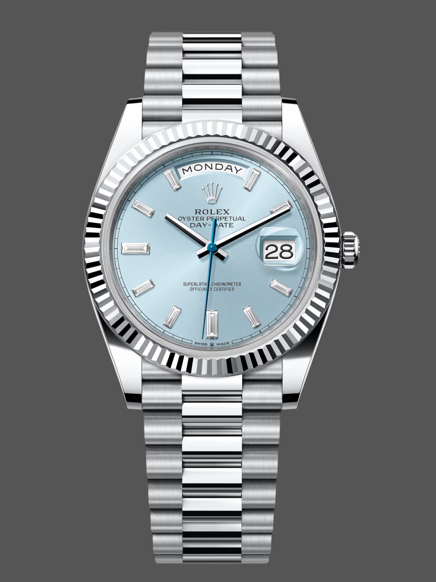 Rolex Day Date 40mm Platinum 228236 0006 Ice Blue Baguette