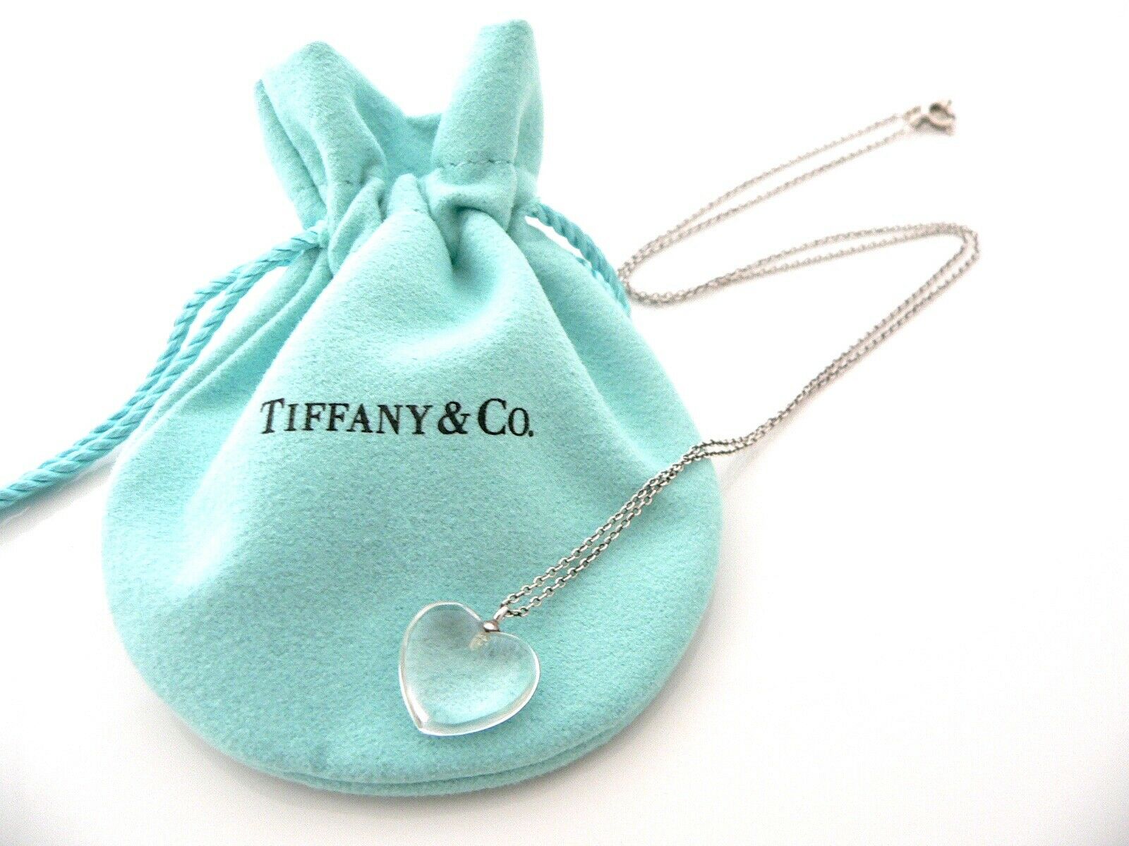 Tiffany & Co Crystal Puff Heart Necklace Pendant Charm Chain Silver Gift Pouch