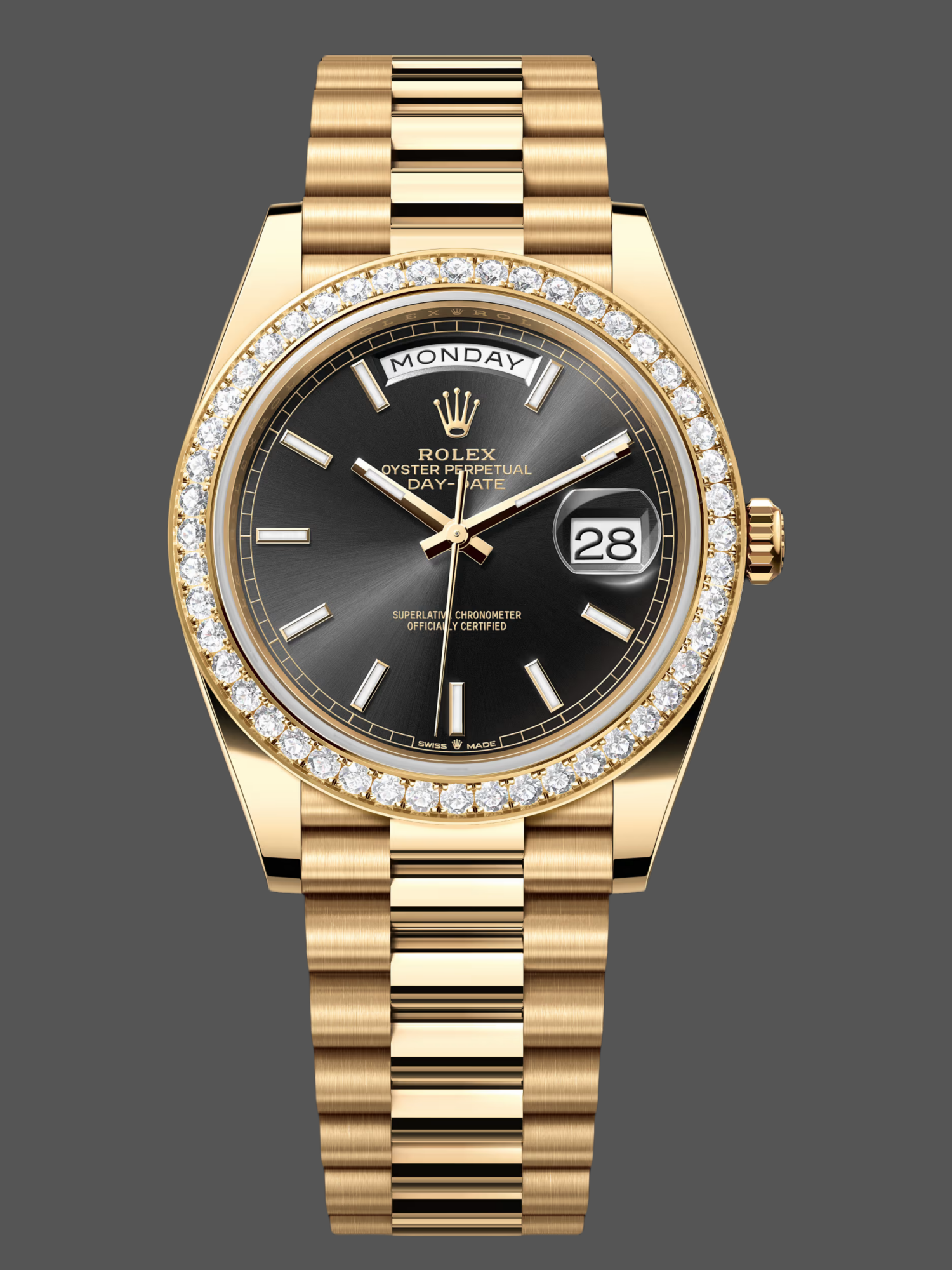 Rolex Day-Date 228348RBR 0043 Black Diamond Dial Diamond Bezel 40mm Mens Replica Watch