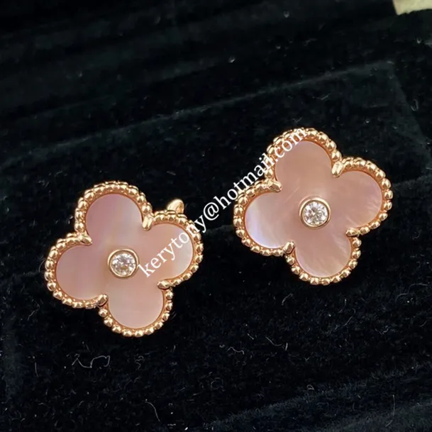 Spring Top Sale Van Cleef Arpels Vintage Alhambra Earring Rose Gold With Pink Mother-of-Pearl and Diamonds