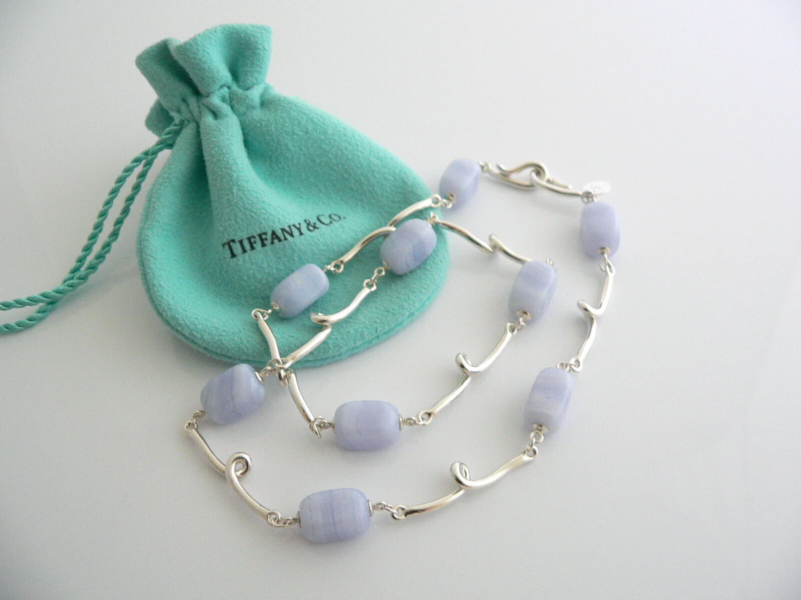 Tiffany & Co Blue Chalcedony Necklace Gemstone Twirl Pendant Chain Love Gift