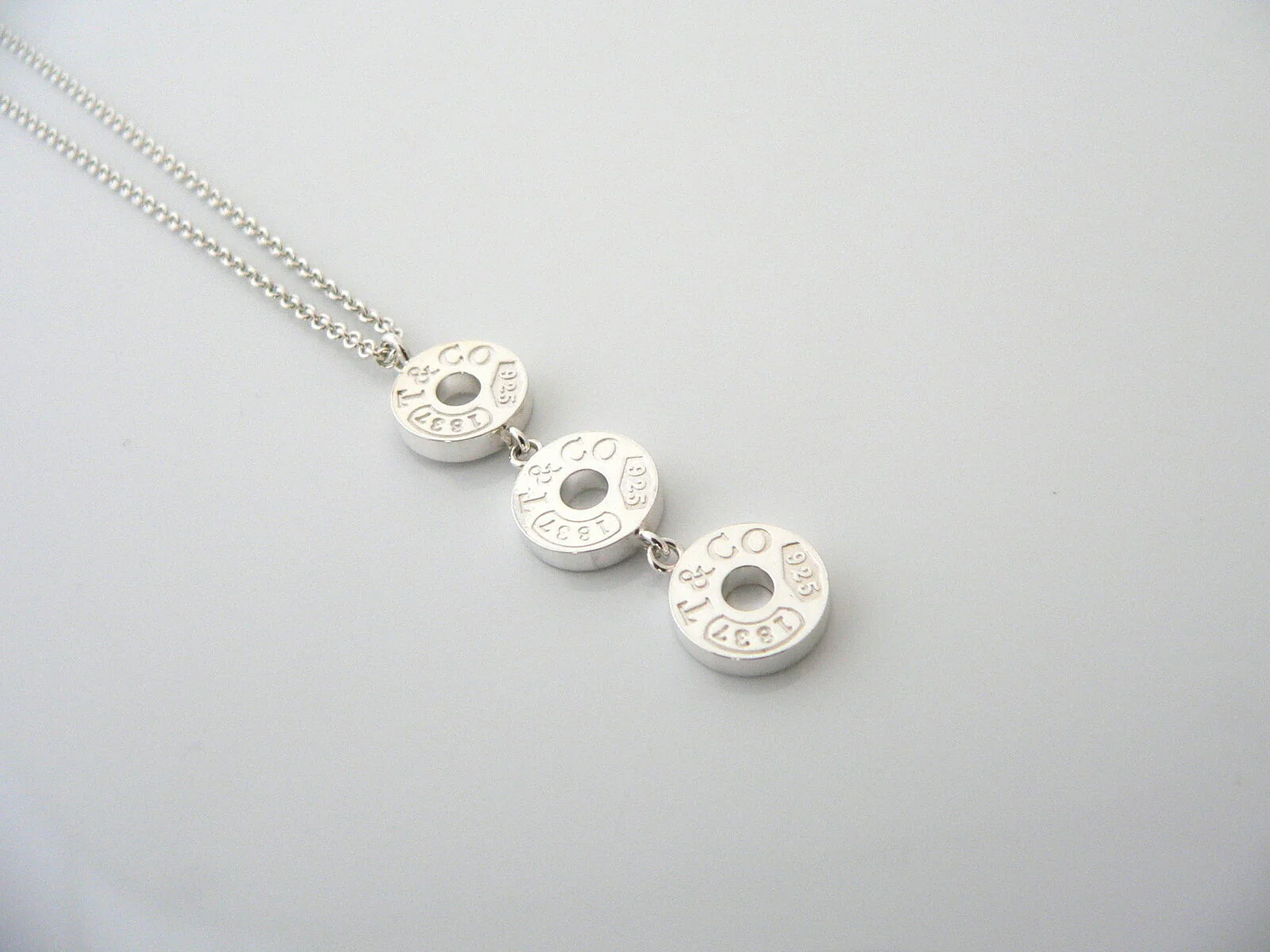 Tiffany Co Silver 1837 Triple Drop Circle Dangle Dangling Pendant Necklace Gift