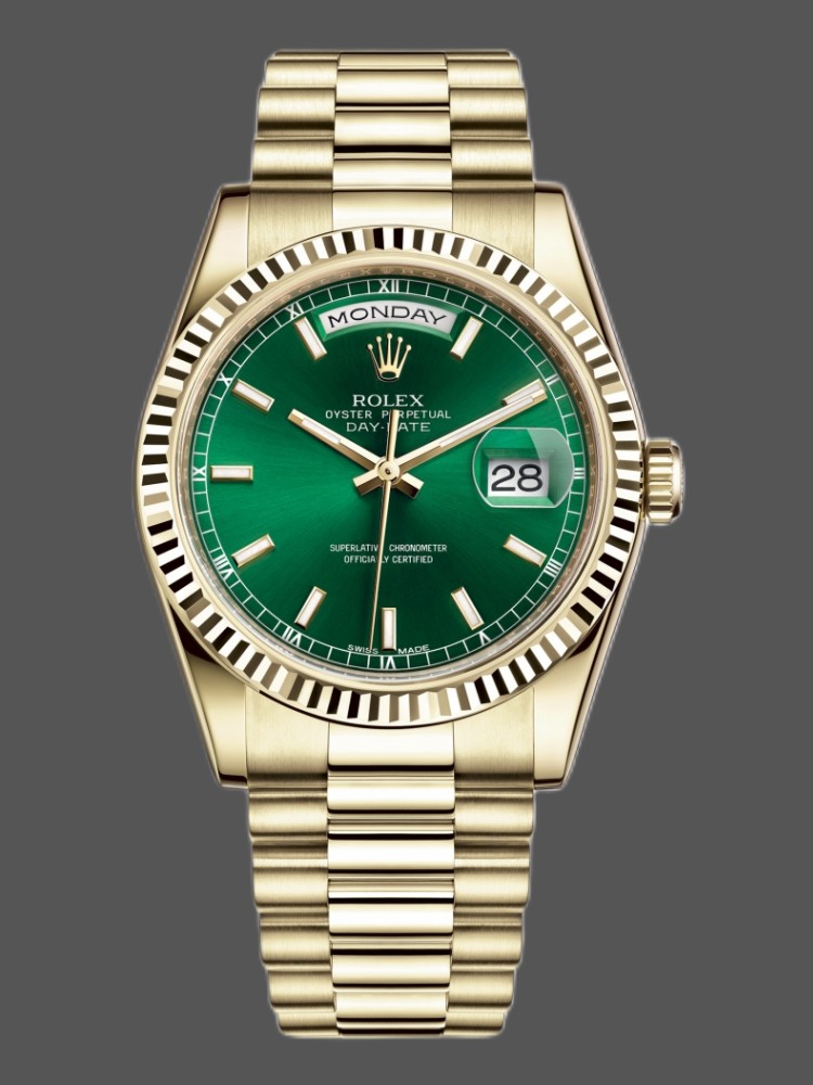Rolex Day-Date 118238 Yellow Gold Fluted Bezel Green Dial 36mm Unisex Replica Watch