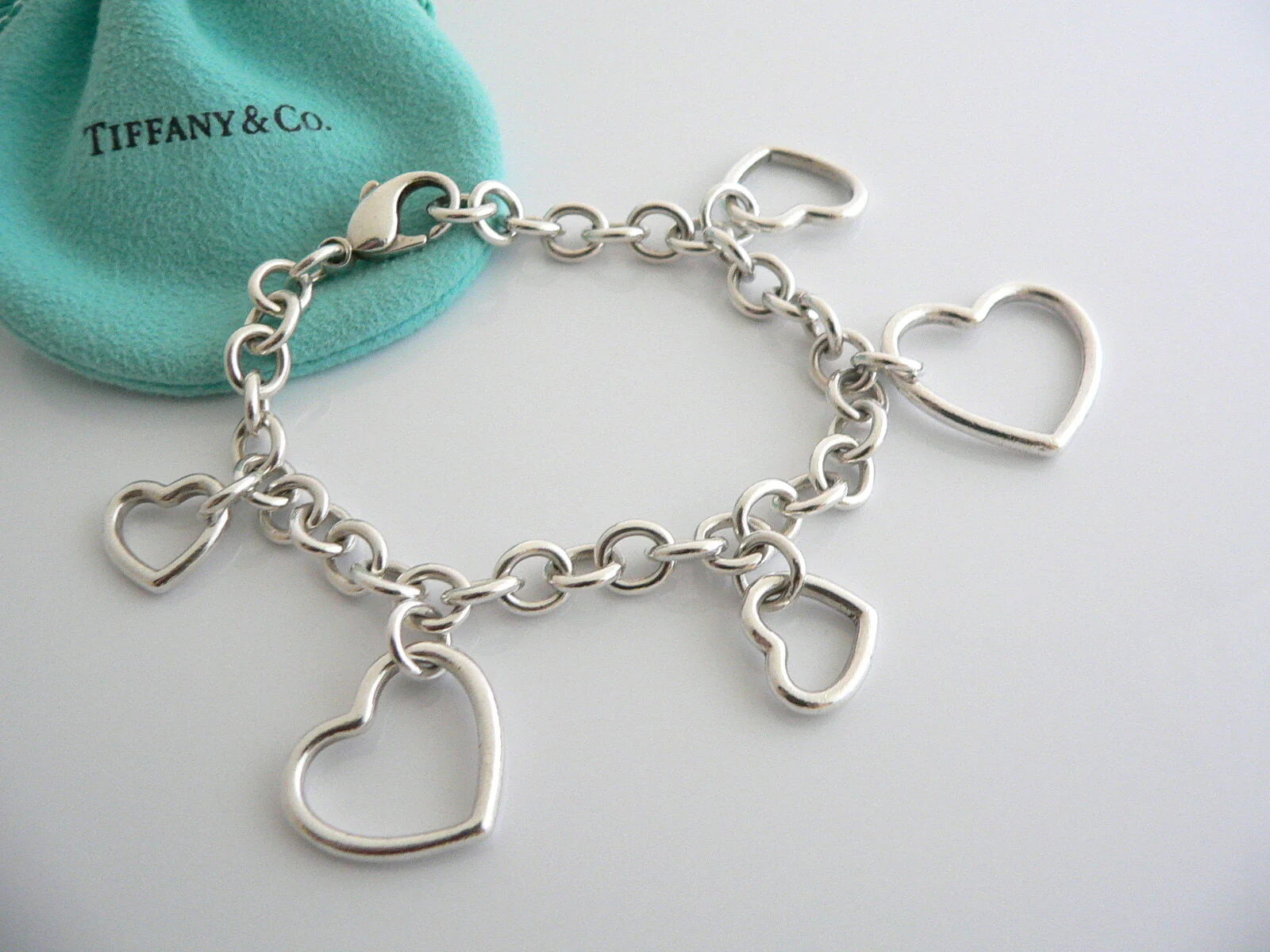 Tiffany & Co Silver 5 Hearts Dangle Bracelet Bangle Link 7.5 In Chain Gift Love