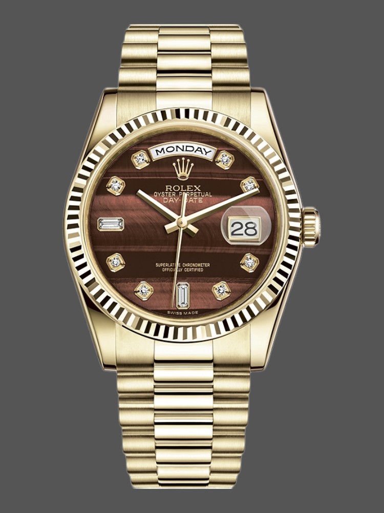 Rolex Day-Date 118238 Yellow Gold Diamond Bulls Eye Dial 36mm Unisex Replica Watch