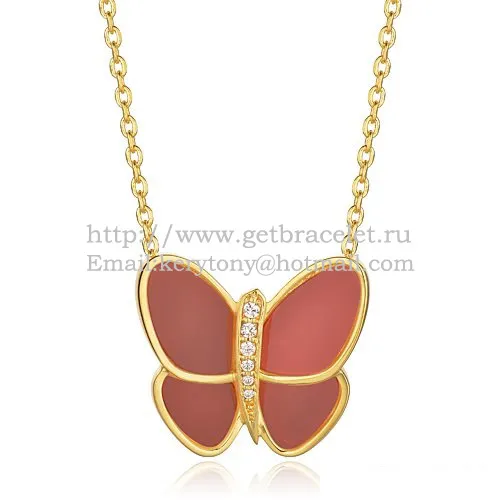 Van Cleef & Arpels Flying Butterfly Pendant Necklace Yellow Gold With Red Onyx Diamonds