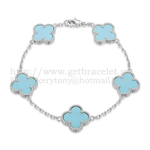 Van Cleef & Arpels Vintage Alhambra Bracelet 5 Motifs White Gold With Turquoise Mother Of Pearl