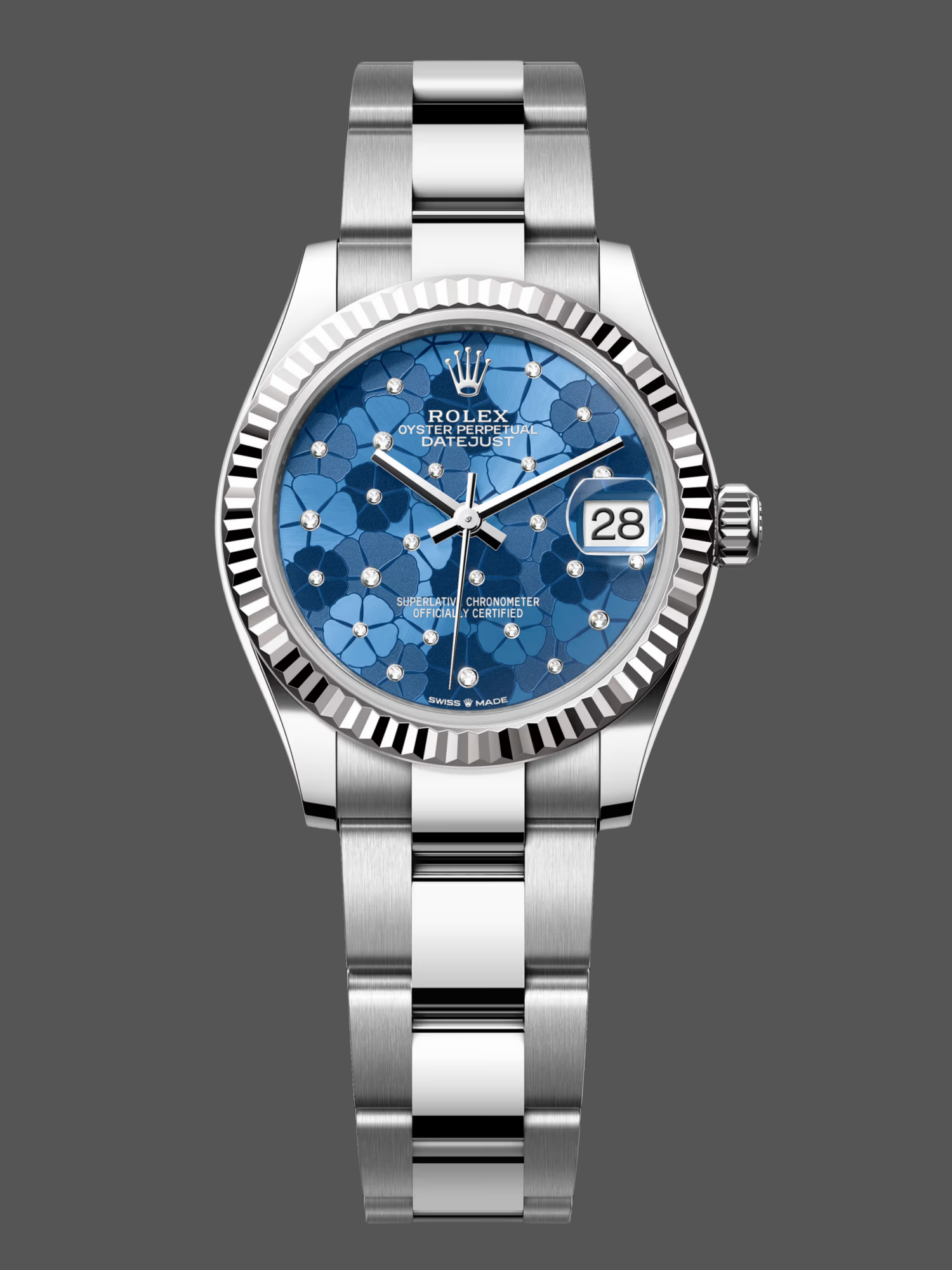 Rolex Datejust 31 Stainless Steel and White Gold Azzuro-Blue-Floral-Motif Diamond Dial m278274-0035