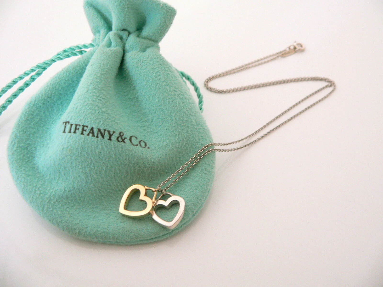 Tiffany & Co Silver 18K Yellow Gold Double Two Hearts Necklace Gift Pouch Love