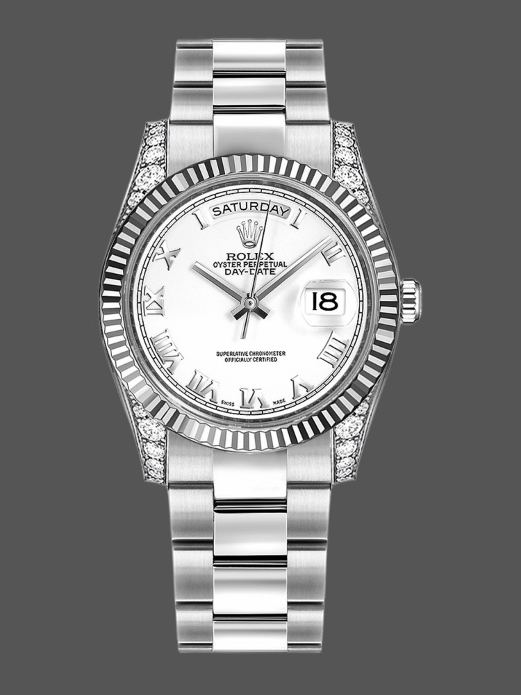 Rolex Day Date 118339 White Gold white Dial Fluted Bezel 36mm Unisex Replica Watch