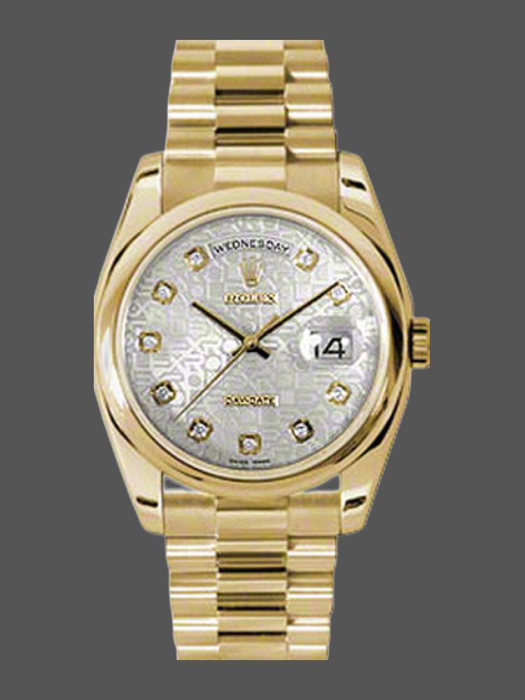 Rolex Day-Date 118208 Silver Diamond Jubilee Dial Yellow Gold 36mm Unisex Replica Watch