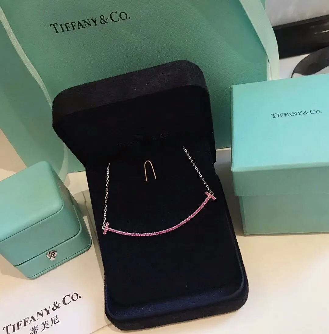 2021 Latest Tiffany Tiffany T Pink Swarovski Diamonds Double T Smile Pendant Womens Large Necklace 60698090
