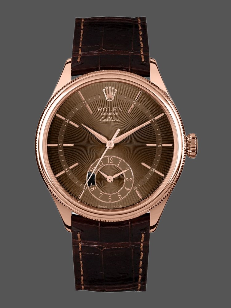 Rolex Cellini Dual Time 50525 Brown Guilloche Dial Brown Leather Strap 39mm Mens Replica Watch
