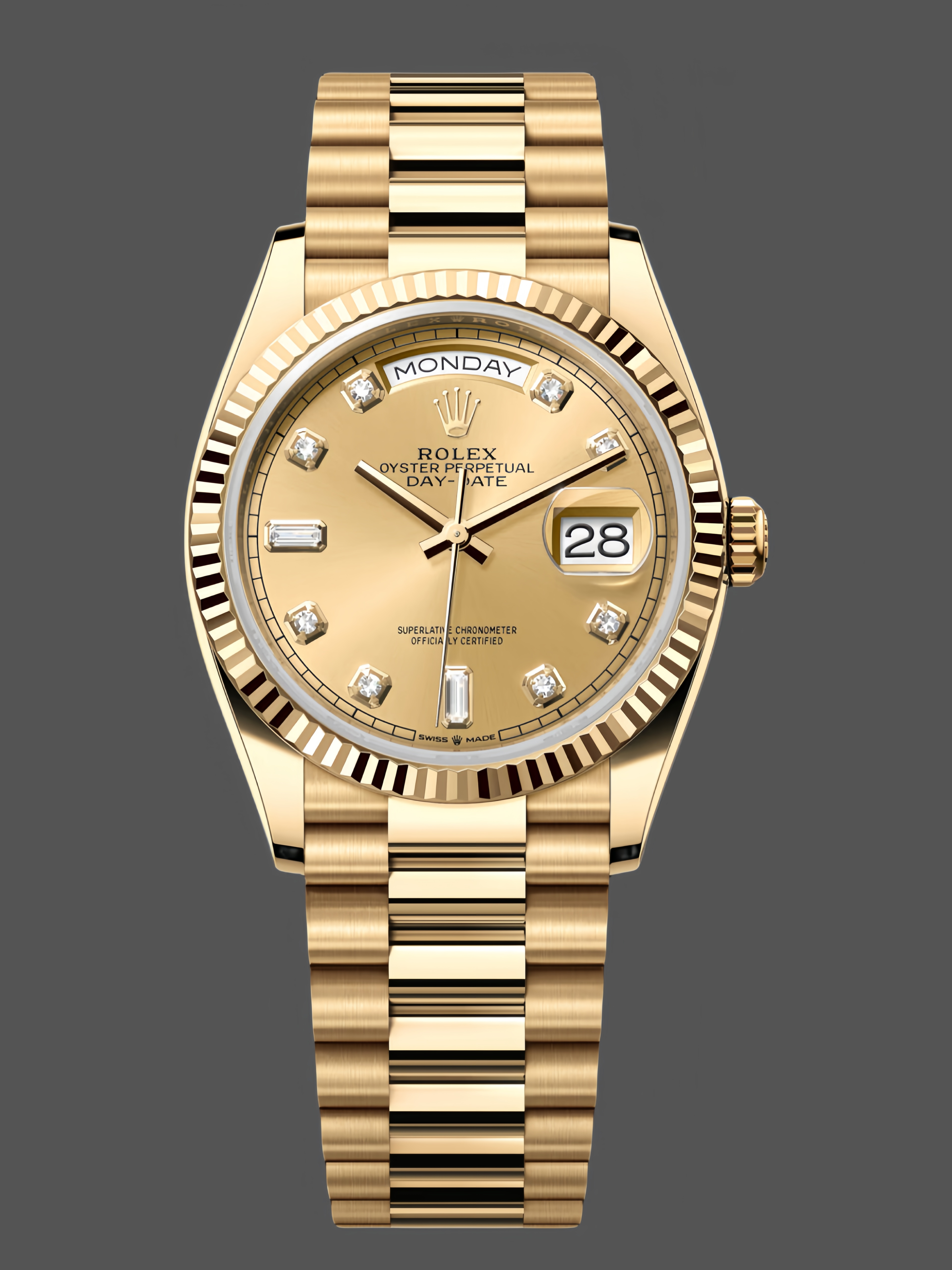 Rolex Day-Date 128238 0008 Fluted Bezel Champagne Diamond Dial 36MM Unisex Replica Watch