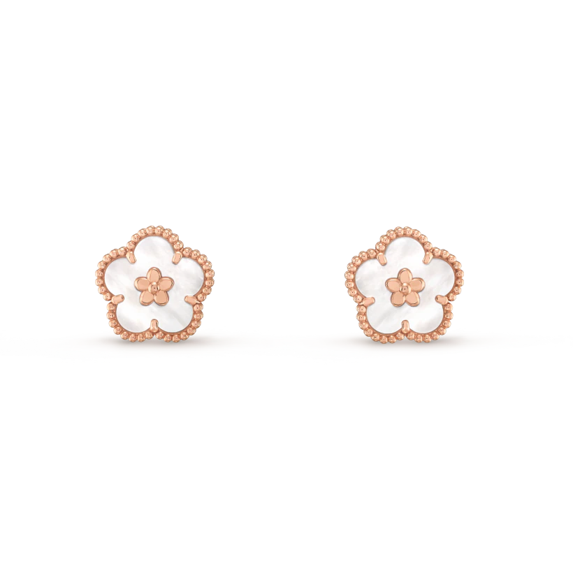 Van Cleef & Arpels Plum Blossom Stud Earrings in Rose Gold, Lucky Spring earrings, plum blossom
