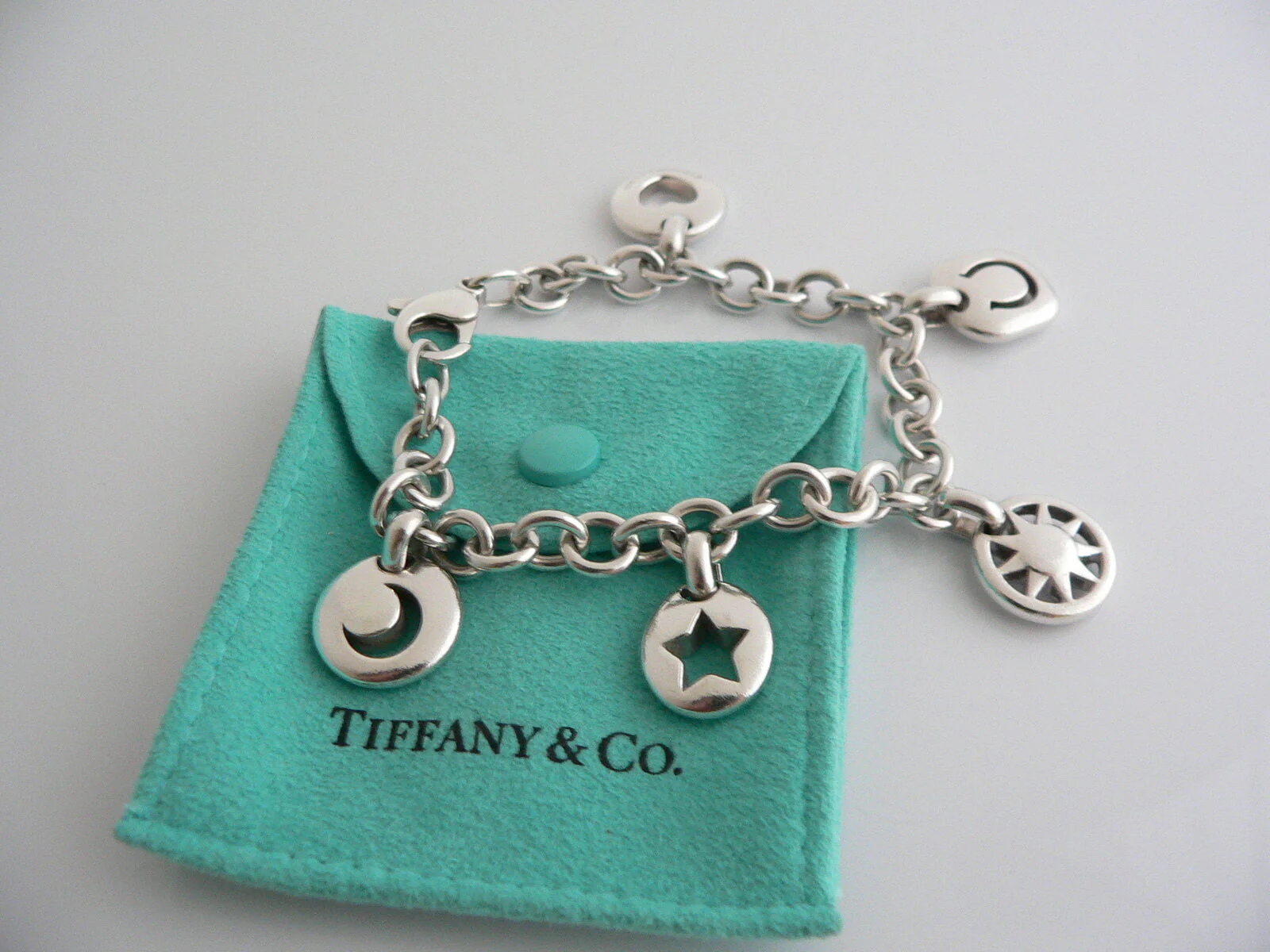 Tiffany & Co Silver Heart Sun Star Moon Horseshoe Bracelet Stencil Charm Bangle