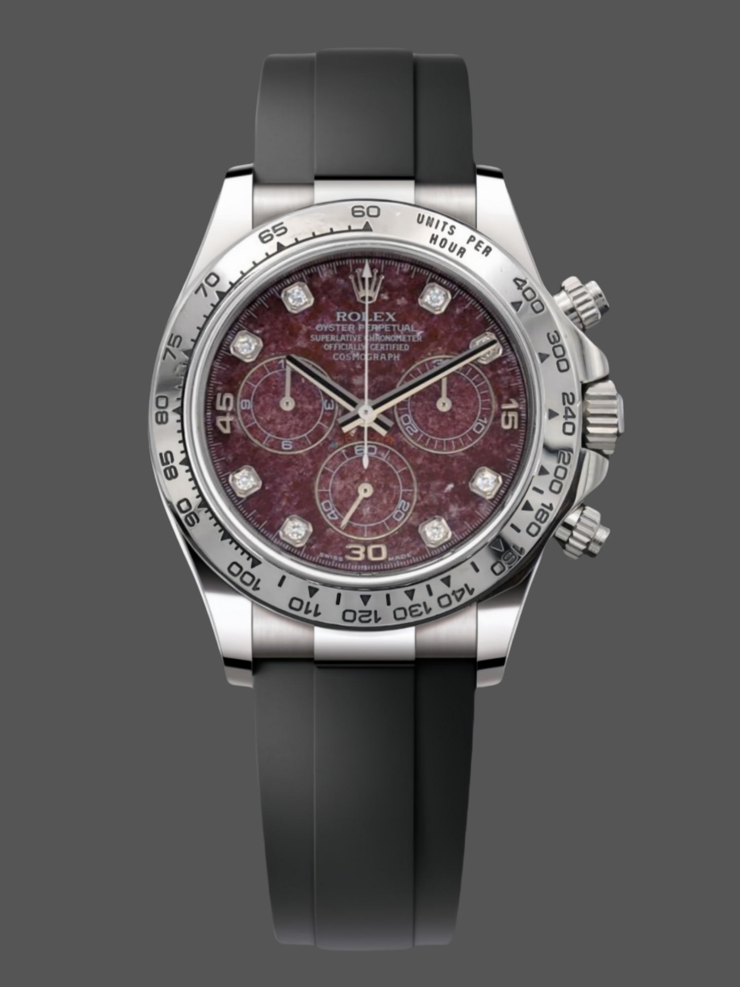 Rolex Cosmograph Daytona 40MM White Gold Rare Rubellite Dial 116509 Rubber Strap